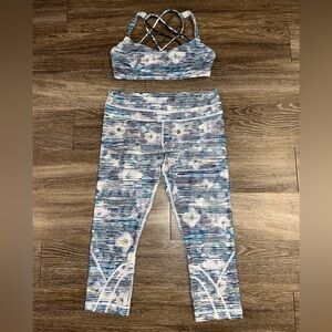 lululemon athletica Blue Floral Striped Leggings & Crisscross Sports Bra Set